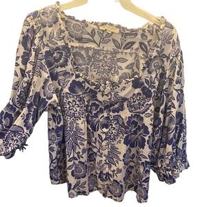 Rachel Zoe mixed linen  and rayon blend. vibrant blue and white floral top